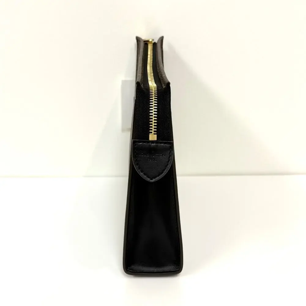 Louis Vuitton Monogram Canvas Brown Black Leather Poche Toilette Clutch Handbag